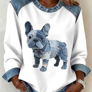 Denim Dog Print Sweatshirt - White and Blue